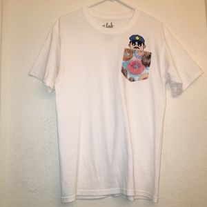 White A-Lab t-shirt with Cop peeking out of Donuts